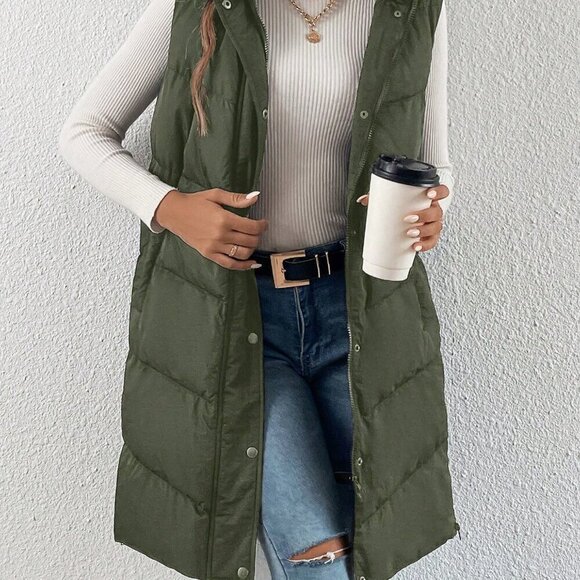Army Green Casual Women's Zip Up Slant Pocket Sleeveless Hooded Padded Coat - Picture 4 of 4
